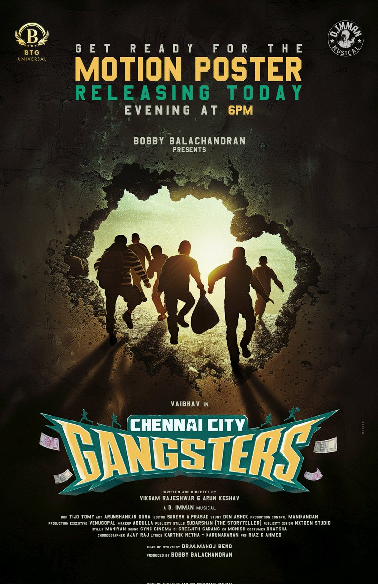 BTG Universal (@btguniversal) on Twitter photo The robbers are ready to roll. #BTG's Production No. 2 - #ChennaiCityGangsters, motion poster unveiling this evening (27th March) at 6PM.
An <a href="/immancomposer/">D.IMMAN</a> musical.
<a href="/BTGUniversal/">BTG Universal</a> <a href="/actor_vaibhav/">Vaibhav</a> <a href="/AthulyaOfficial/">Athulyaa Ravi</a> #VikramRajeshwar #ArunKeshav #AnandRaj <a href="/redin_kingsley/">Redin Kingsley</a> #johnvijay The robbers are ready to roll. #BTG's Production No. 2 - #ChennaiCityGangsters, motion poster unveiling this evening (27th March) at 6PM.
An <a href="/immancomposer/">D.IMMAN</a> musical.
<a href="/BTGUniversal/">BTG Universal</a> <a href="/actor_vaibhav/">Vaibhav</a> <a href="/AthulyaOfficial/">Athulyaa Ravi</a> #VikramRajeshwar #ArunKeshav #AnandRaj <a href="/redin_kingsley/">Redin Kingsley</a> #johnvijay