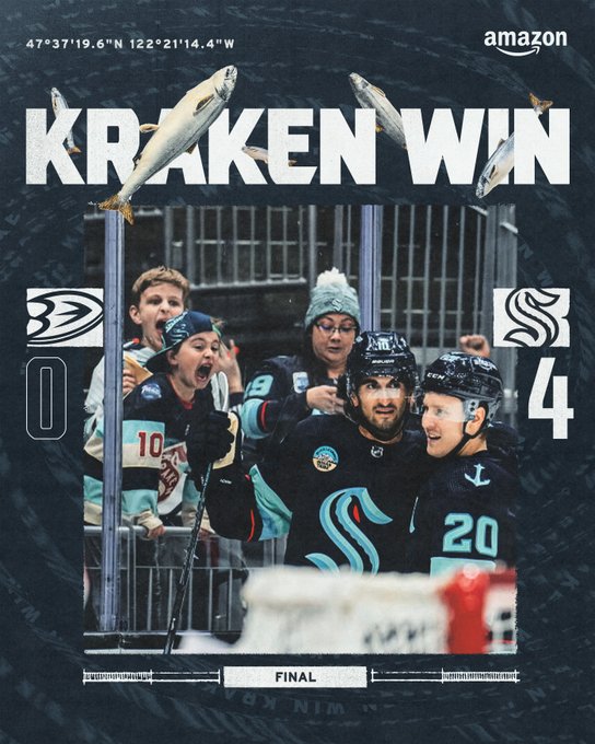 final score graphic with image of matty & tolvy 4-0, kraken