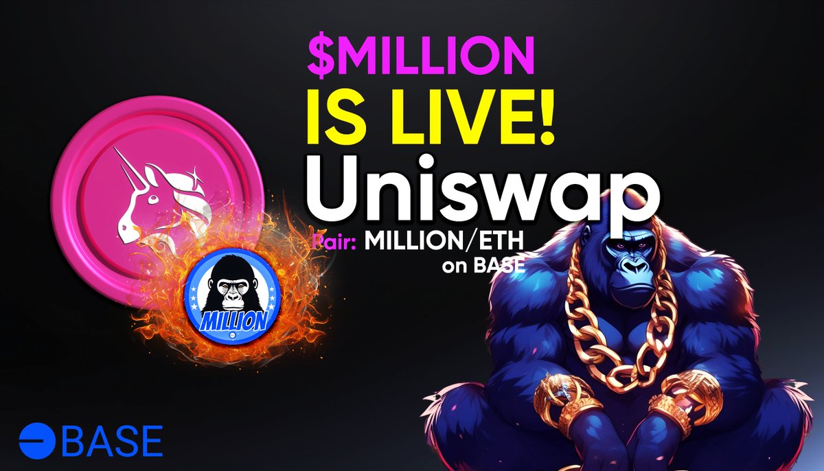 $MILLION is LIVE!!💎 Listed at Uniswap (BASE network) 🔥Buy now: app.uniswap.org/swap?outputCur… ✅CA: basescan.org/token/0xd6cf55… ✅Dextools: dextools.io/app/en/base/pa… Liquidity Burned🔥🔥 Ownership Revoked🚀🎉