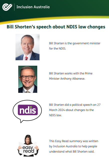 Today, the government announced a new Bill into Parliament about changing the way the #NDIS works. We made an Easy Read document with some main points from <a href="/BillShorten/">Bill Shorten</a>’s speech, you can find it here: inclusionaustralia.org.au/a-new-law-abou….