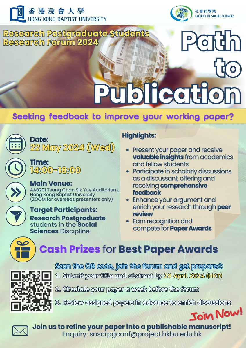 HKBU SOSC Research Postgraduate Students Research Forum
The Forum is now open to local and overseas universities. If you are an interested social science student, please submit your title and abstract here by 28 April 2024: hkbu.questionpro.com/t/AVs4zZ1OYr

Join the Forum Now!