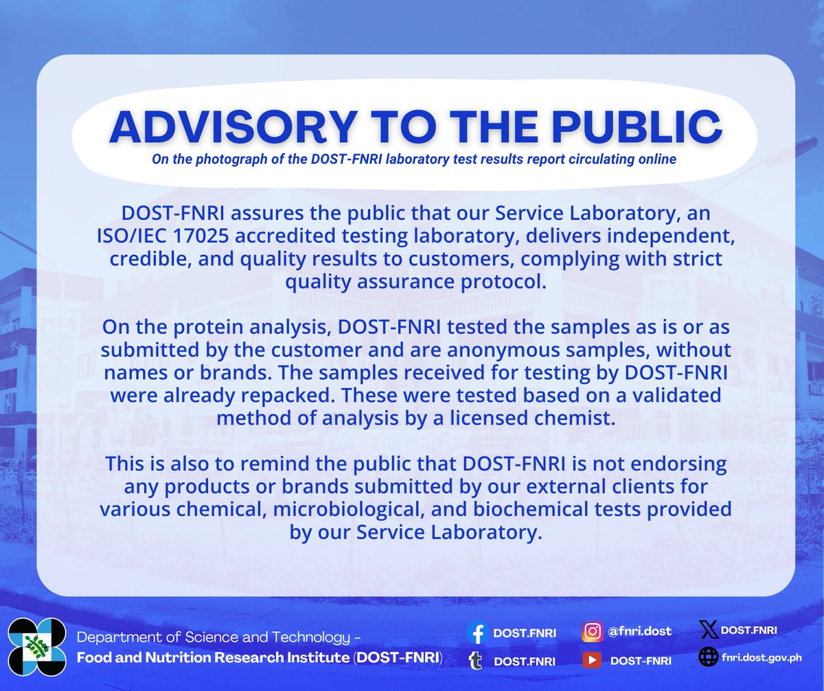 📢ADVISORY TO THE PUBLIC 📢 On the photograph of the DOST-FNRI laboratory test results report circulating online