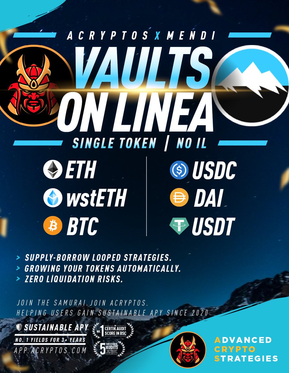 acryptosdao's tweet image. $BTC single-token APY at ~20%🔥
Are you on @LineaBuild chain yet?

Our new vaults with @MendiFinance are having awesome yields!
Stablecoins at 58%, $ETH at 39%
🔵no IL risk
🔵autoCompounding

How do we achieve these APY?
Ask away in our TG t.me/acryptos

More details👇