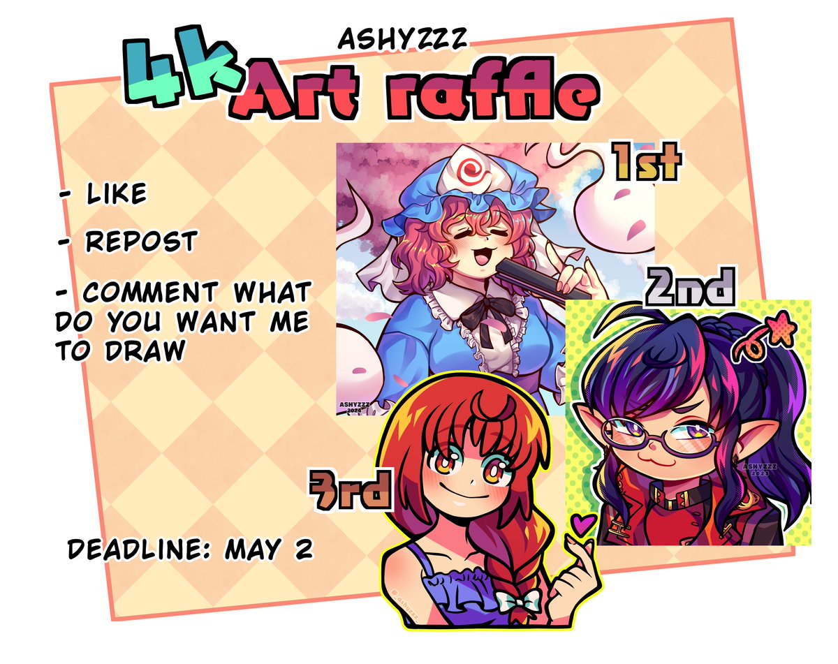 _ashyzzz_'s tweet image. 💫 4k FOLLOWERS ART RAFFLE 💫

Win a FREE drawing!
How to participate:
✨Like
✨Repost
✨Comment the character you&apos;d like me to draw for you
Prizes:
🥇1st place: Halfbody full color
🥈2nd place: Icon full color
🥉3rd place: Bust sticker

 The winner will be announced on May 4