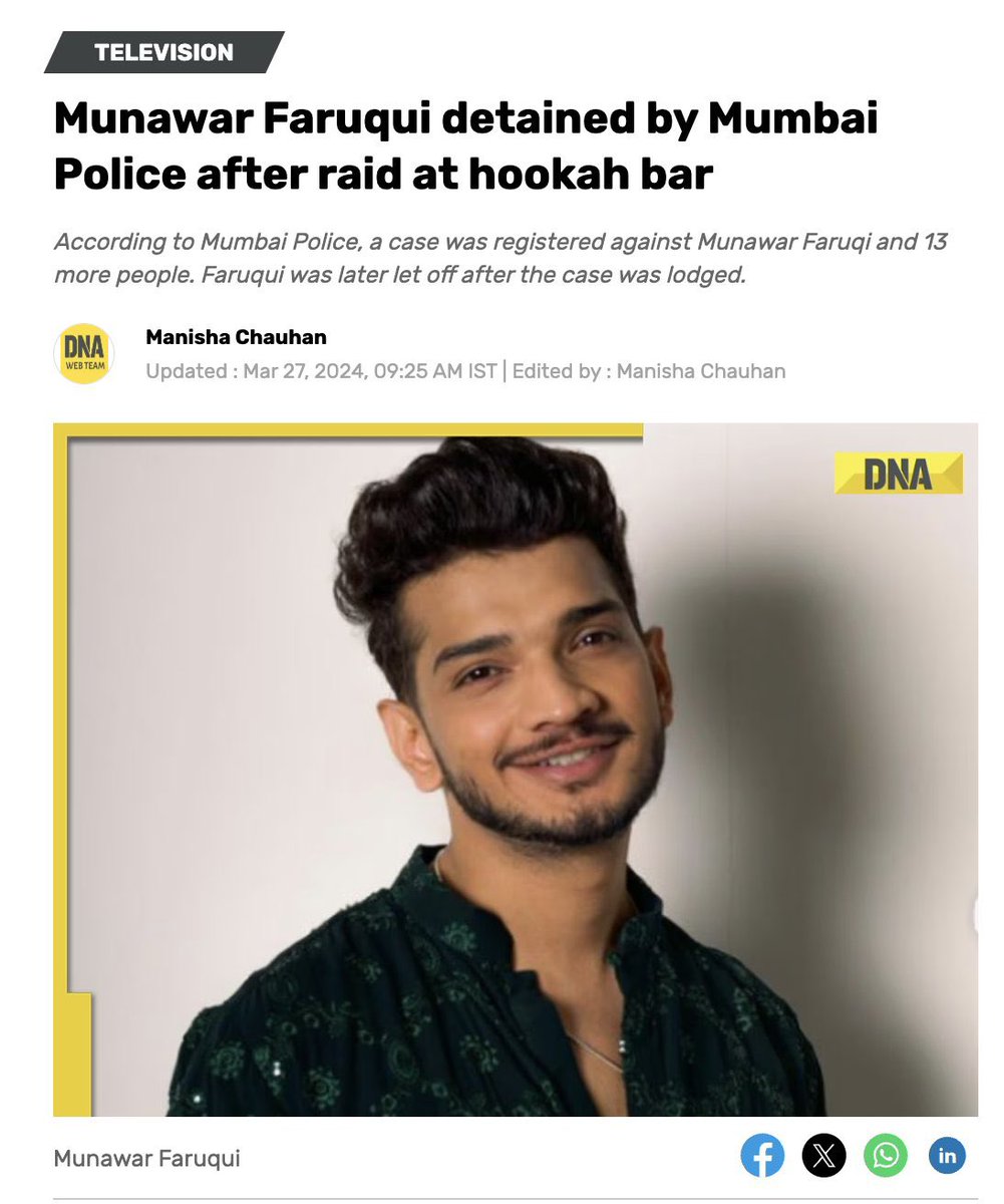 gharkekalesh's tweet photo. Big Boss 17 winner Munawar Faruqui and 13 others were detained in a hookah bar raid by Mumbai Police
Source: DNA https://t.co/83Gfn35w57