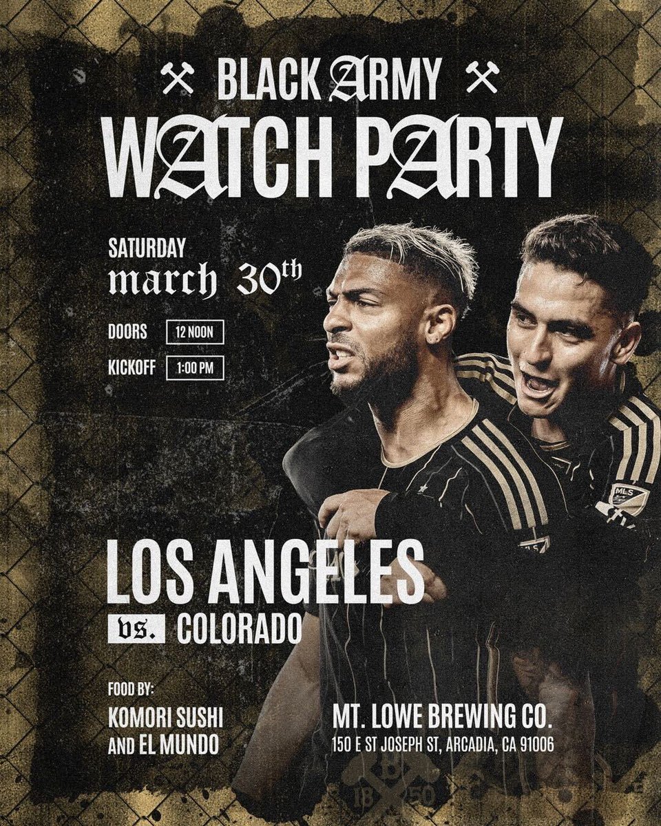 Join us this Saturday at <a href="/mtlowebrewing/">Mt. Lowe Brewing</a> in Monrovia for a fun watch party and good food. See you there !!! #BlackArmy #BA1850 #lafc #forlosangeles