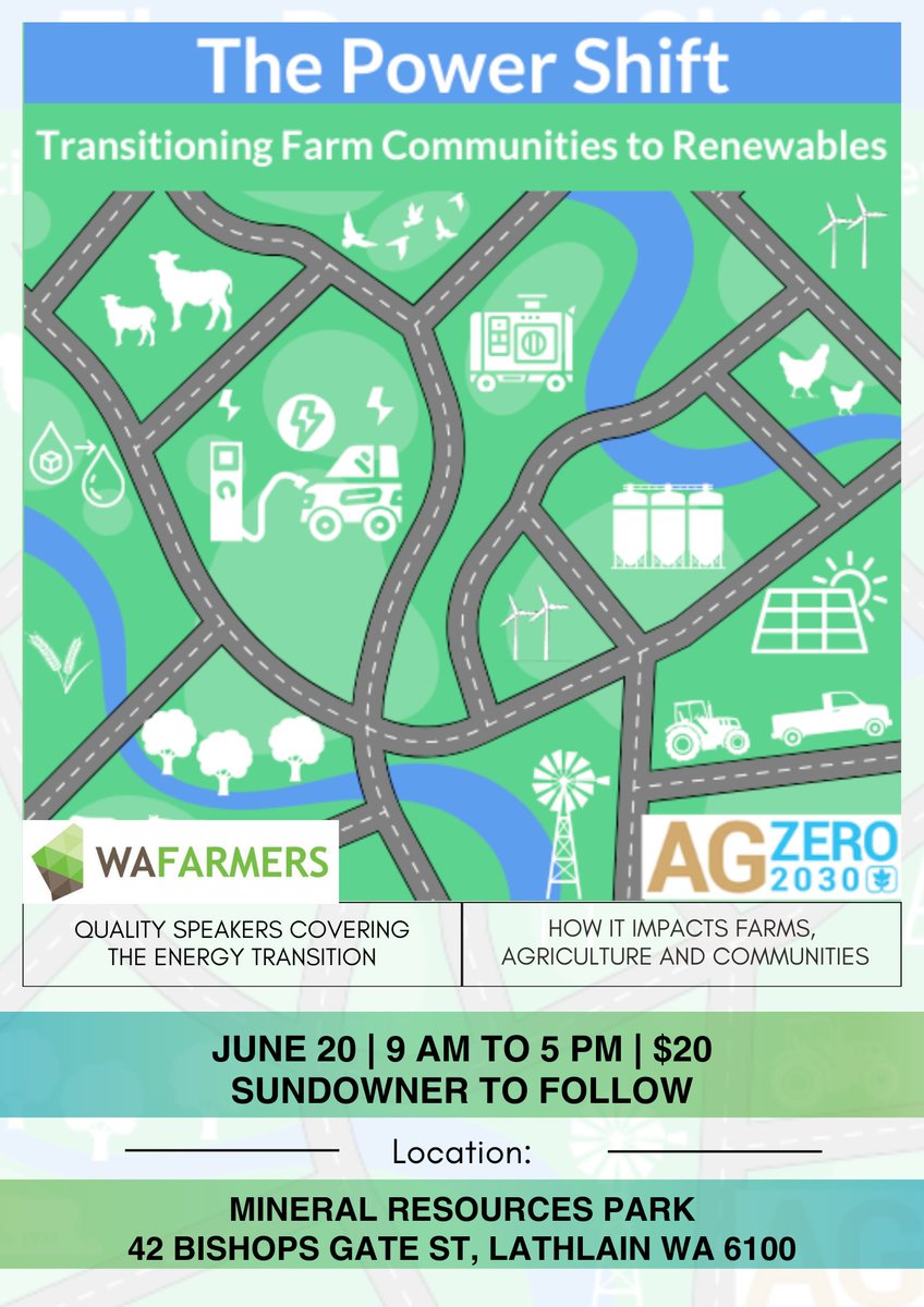 🗓 Save the Date for AgZero2030's major event in 2024 - June 20! In collaboration with @WAFarmers, AgZero2030 are bringing together a range of quality speakers to cover all the relevant topics of the energy transition and how it impacts farms, agriculture and our communities.