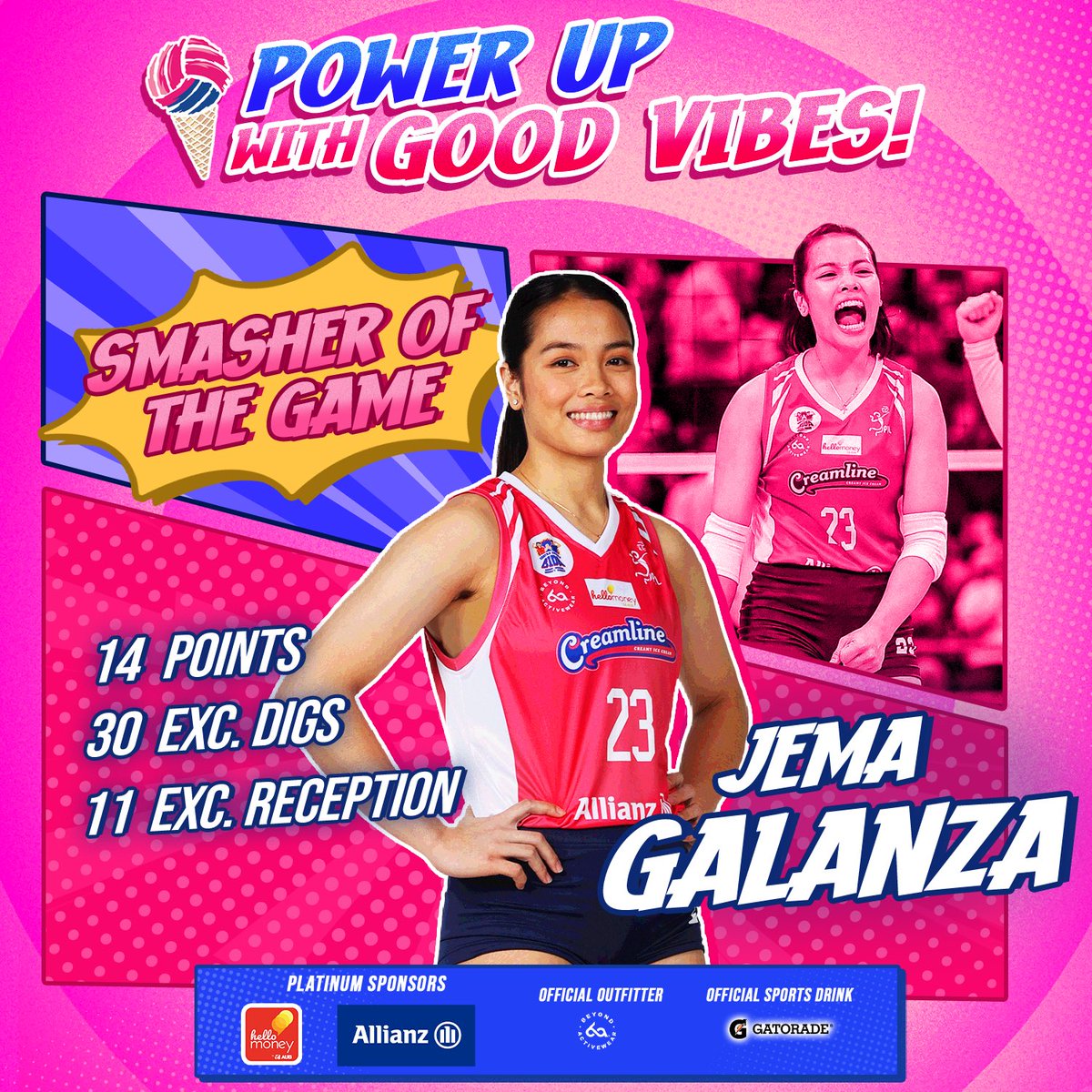 What a triple double from the Gallant Gem, Jema Galanza! 🙌🏻 Hats off sa power up na game plays mo last night, mareng Jema! 🫡 #PowerUpWithGoodVibes #CreamlineCreamyIcecream #CreamlineCoolSmashers