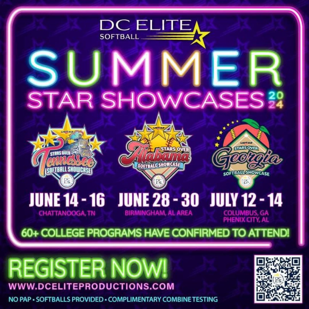 ✅185 teams ✅ 60 colleges locked & loaded for our summer showcases in AL/GA & TN!

Sign-up on our website 🔗 Link in BIO

#dcelitesoftball #DCElite #PlayGardendale #inbirmingham #visitchatt #StarsOverGeorgia #StarsOverGeorgiaShowcase #georgiasportscouncil