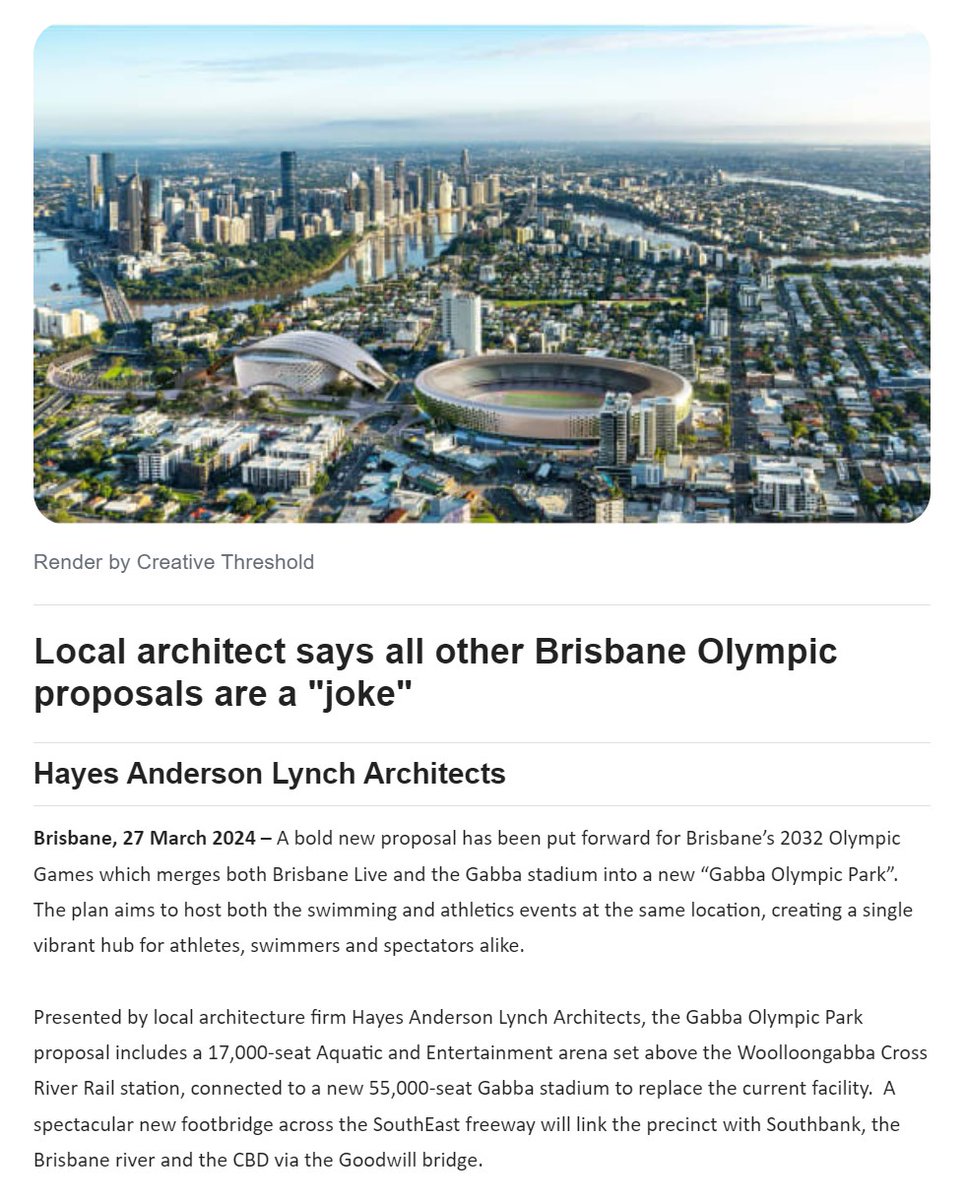 This might be the most shameless PR stunt press release I've received in a long time. Yeah, this is *DEFINITELY* not happening. 😂 

#Brisbane2032 #TheGabba #BrisbaneArena