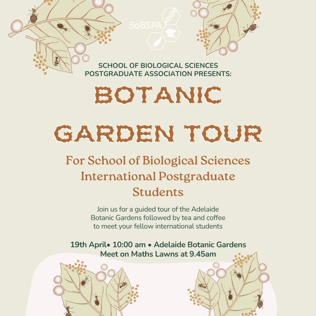 Attention all SBS international HDR students! Our next event is just for you- the international student welcome! Please join us for a guided tour of the Adelaide Botanic Garden to learn more about the native flora here in SA. Tea and coffee will be provided after the tour ☀️🌿