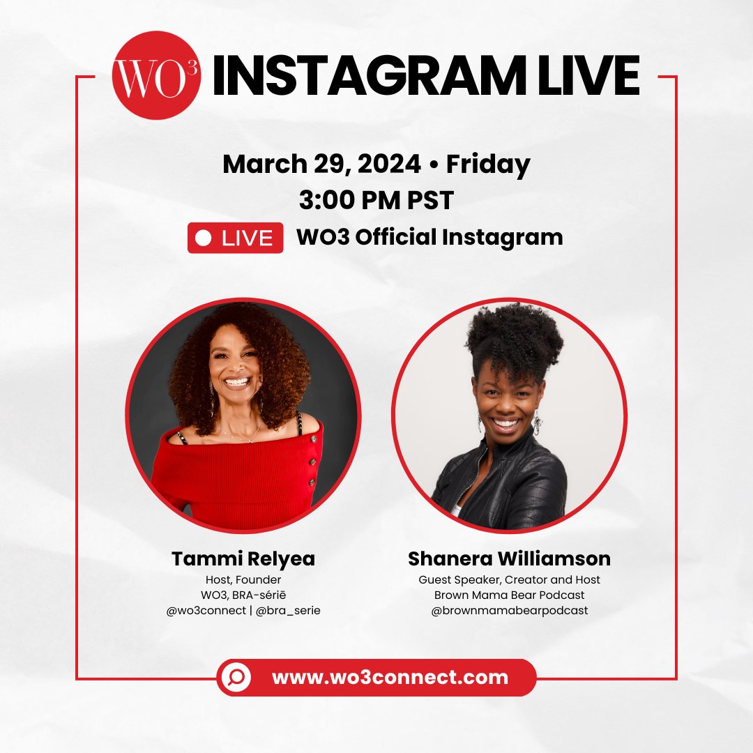 We're happy to announce that TOMORROW, March 29th, we will be going LIVE with Shanera Williamson of Brown Mama Bear Podcast! 🙌

Tune in tomorrow at 3PM PST for our #InstagramLive in celebration of Women's History Month and WO3 Day!

#wo3connect #wo3day #isupporther