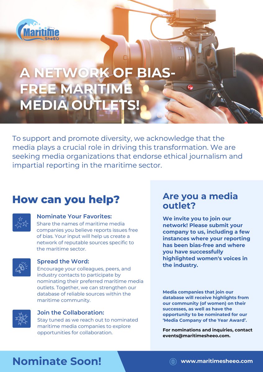 Calling all News / Media Outlets!!

We're collating a database of media outlets. Check out this post for more details.

Nominate the news sites you read by mailing us at events@maritimesheeo.com

Ps. Media outlets can sign up directly here: forms.gle/8yp77xxJWD7b77…

#MaritimeSheEO