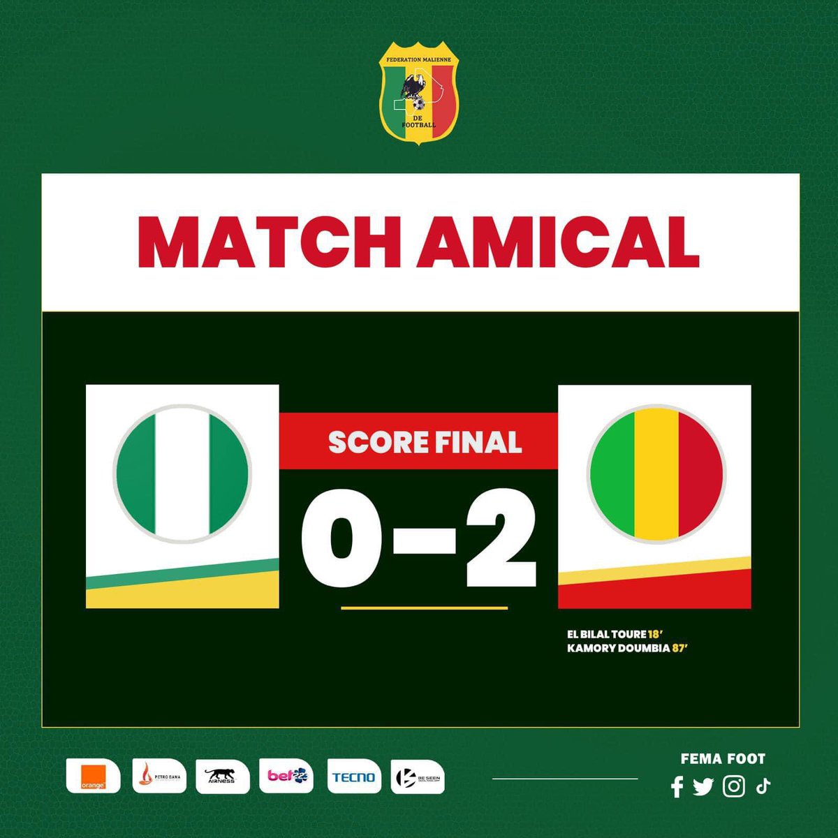 Fenêtre #FIFA | En match amical contre les Super Eagles du #Nigeria, les #Aigles du #Mali se sont imposés hier mardi au Grand Stade de Marrakech sur le score de 2-0. Le buts ont été inscrits par El Bilal Touré (18’) et Kamory Doumbia (87’)