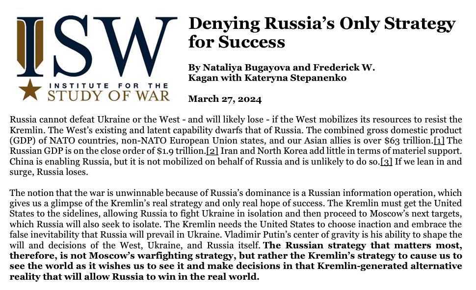 Russia cannot defeat Ukraine or the West – and will likely lose - if the West mobilizes its resources to resist the Kremlin. That the war is unwinnable due to Russia’s dominance is a Kremlin information operation & a glimpse into Russia's real strategy & only hope of success.🧵