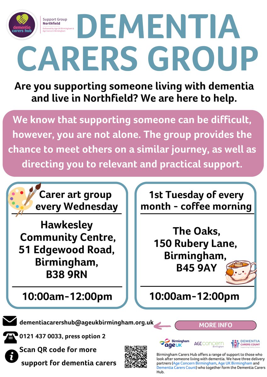 Are you supporting someone living with dementia and live in Northfield? Dementia Carers Hub offers two groups... Art Group for Carers 📍 Hawkesley Community Centre ⏰Wed. 10am-12pm NEW Coffee Morning 📍 The Oaks, 150 Rubery Lane ⏰Ist Tues. of every month, 10am-12pm