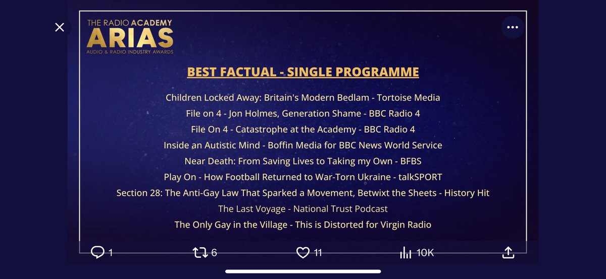 Well this is tremendous! Two nominations in the #Arias Radio Academy Awards announced last night. #TheSkewer is up for the Comedy Award and my documentary on forced adoption is up for Best Factual! Congrats to teams and my brilliant doc producer @ishbelmont! @BBCRadio4