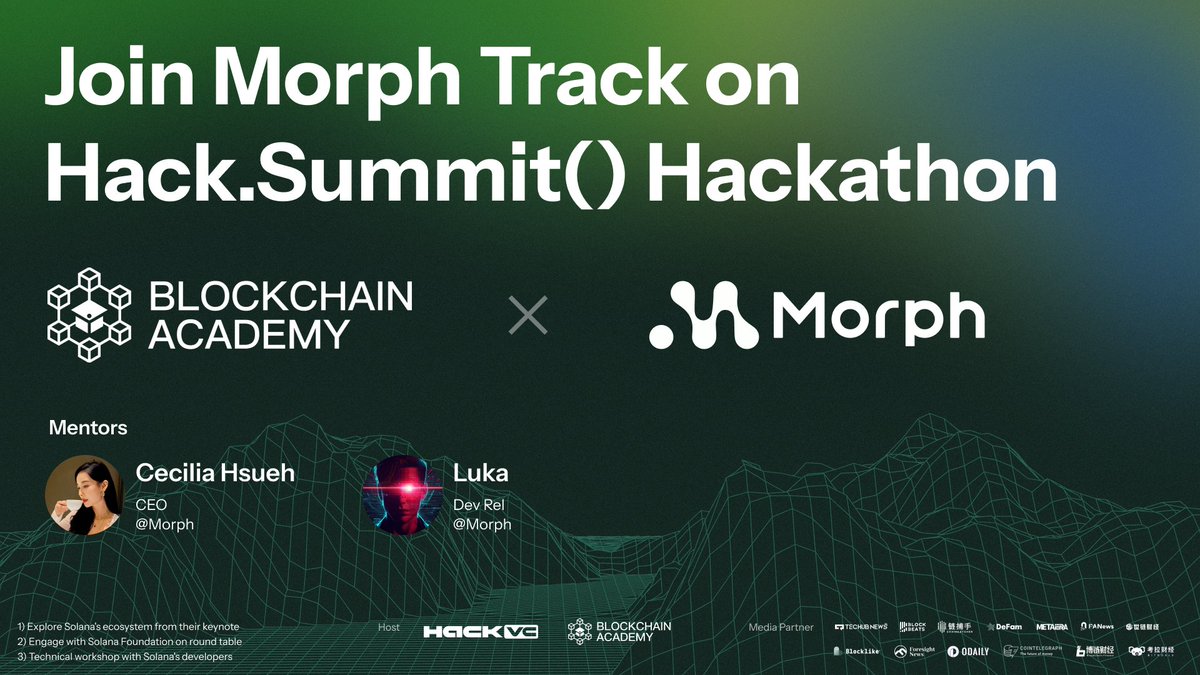 🎓 Partnering with @MorphL2 for the Hack.summit Hackathon! 🔑 Morph's CEO @cecilia_hsueh Keynote on the ecosystem 🌐 Round-table: Collaborate on forward-thinking 🛠️Workshop with Morph pro @0xGantoL 👉 Register: lu.ma/dtdhl7jx 📅 Dates: April 9-10 📍 Location: Cyberport