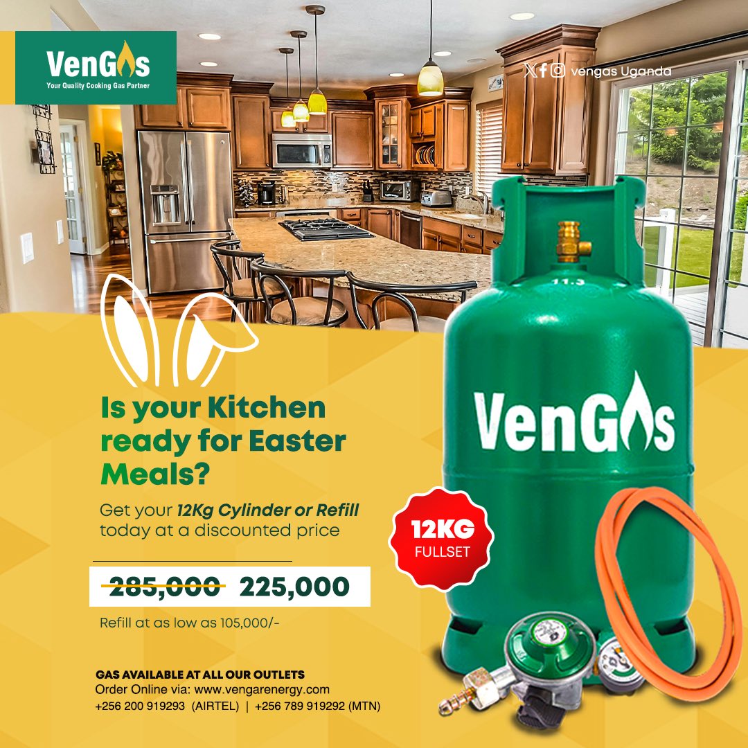 VengasUG's tweet photo. As we remember the events leading to Easter, let's also prepare our kitchens for the joyous celebrations ahead.

Whether it's buying your VenGas Cylinder or getting a refill, VenGas is here to help you cook up a storm this Easter Weekend. 

#HolyWednesday #VenGasQuality https://t.co/g3moBZbLHZ