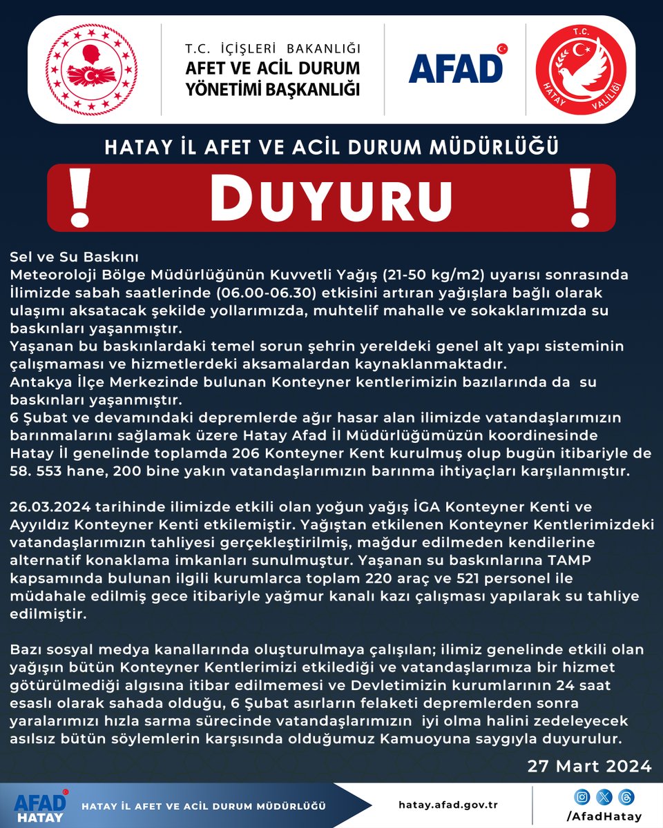 KAMUOYUNA SAYGIYLA DUYURULUR.

@afadbaskanlik @hatayvaliligi 

#hatay #afad #duyuru