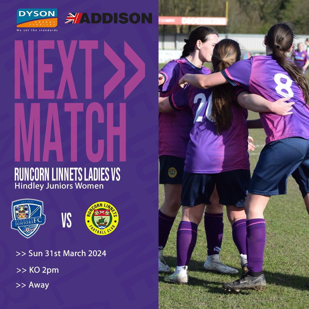 ⚽️🤩 Sunday we go up against Hindley Juniors Women! 📅 Sunday 31st March @ 2pm 🆚 @HindleyJuniors 🏆 League game 🏟️ Park Lane, Hindley, Wigan WN2 3RU Come down and show your support 💜 🙏🏼 Away kit sponsored by Dyson Energy Services