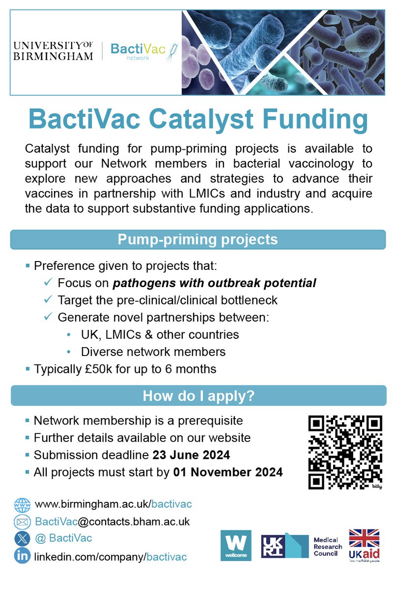 Round 9 #BactiVacFunding for Catalyst Projects is now OPEN! This call supports scientists in bacterial vaccinology exploring new approaches and strategies to advance #vaccines Apply for funding: bit.ly/CPPR9 Submission deadline 23 June 2024