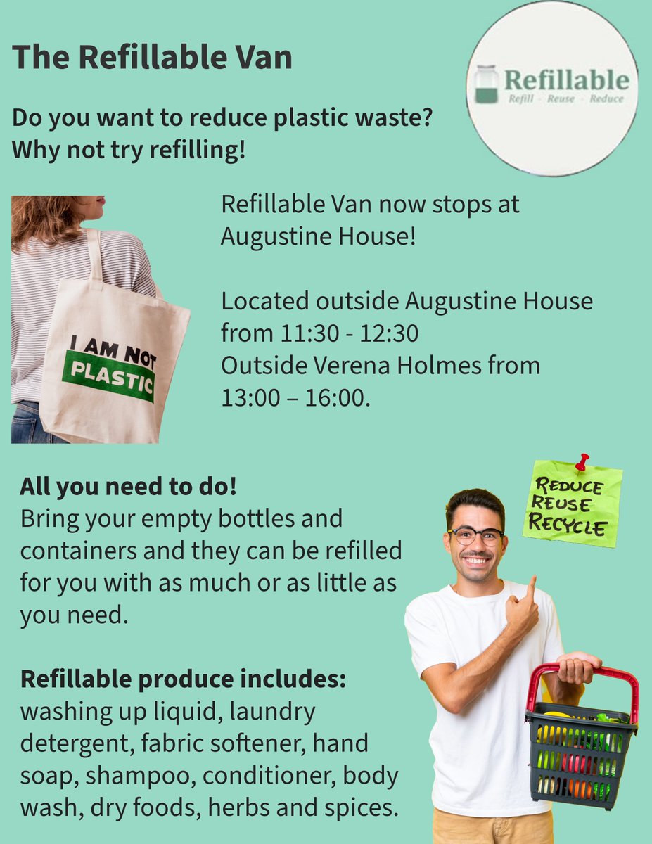 Don't forget the refillable van will be stopping tomorrow at Augustine House at 11.30 - 12.30! @CCCUStudents