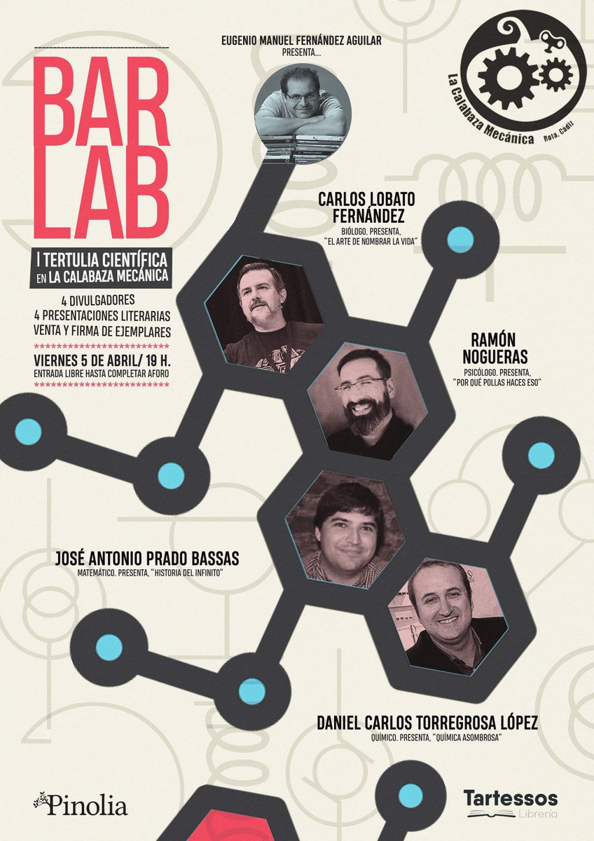 Conmoción en la fuerza de la divulgación científica. Apunta: Rota, 5 de abril. Cuatro grandes divulgadores-escritores de una vez: <a href="/biogeocarlos/">Carlos Lobato</a> <a href="/RamonNogueras/">Ramón Nogueras</a> <a href="/eliatron/">Tito Eliatron (José A. Prado-Bassas)</a> y <a href="/DaniEPAP/">Daniel Torregrosa</a>. Será en el Bar Calabaza Mecánica a las 19:00 h. <a href="/pinolialibros/">Pinolia</a> <a href="/AlmuzaraLibros/">Almuzaralibros</a> <a href="/kailaseditorial/">Kailas Editorial</a>