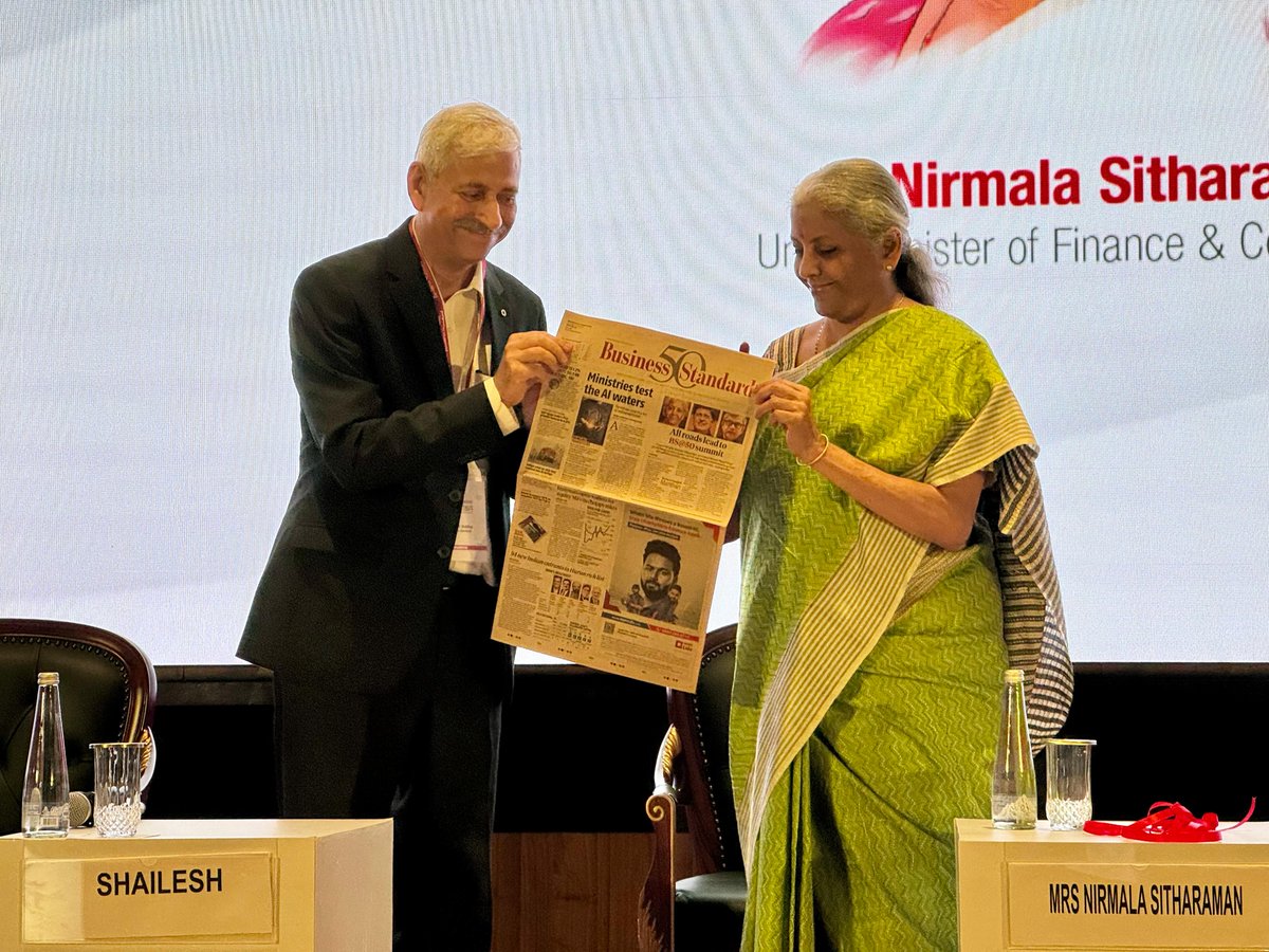 'What a great feeling it would be for a pink paper to be celebrating its 50th anniversary. I congratulate Business Standard', Union Minister of Finance & Corporate Affairs @nsitharaman said at #bsmanthan @FinMinIndia @nsitharamanoffc #thoughtleadershipsummit #BSat50…