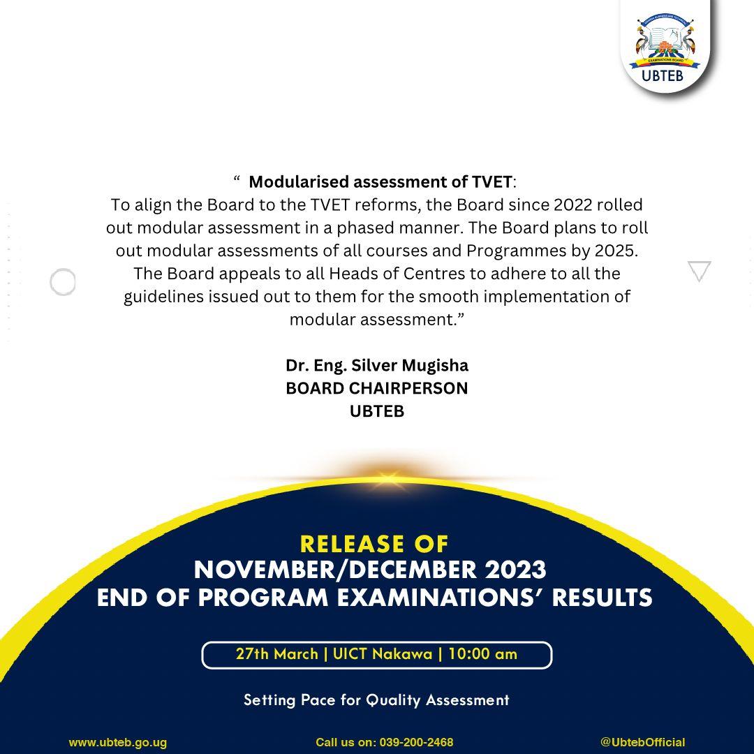 The Board since 2022 rolled out Modular Assessment in a phased Manner . The Board plans to roll out modular Assessments of all courses and programmes by 2025. #ReleaseofNovDec2023ExaminationsResults @Educ_SportsUg @GCICUganda @JanetMuseveni @UgandaMediaCent