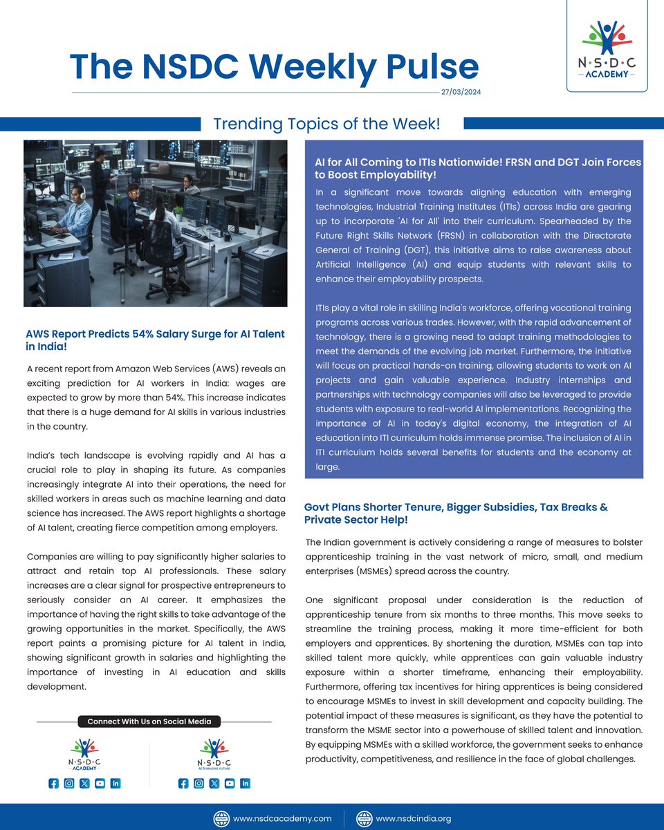 Catch up on the latest updates on the surge in Al talent, Nationwide ITI initiatives, and Government strategies for economic expansion. 
Follow NSDC Academy for your weekly dose of career insights!

#nsdc #nsdcacademy #edtech #upskilling #reskilling #skilling #ai #iti