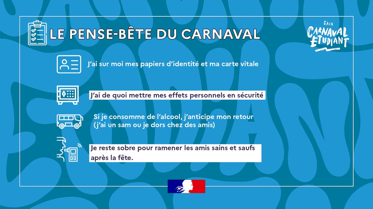 [ #Carnavaletudiant 🎭] Plus que 24h avant le top départ du #carnavalCaen ! Vous êtes en train d’affiner votre déguisement… ✅Êtes-vous sûr de n’avoir rien oublié ? Avez-vous anticipé votre retour de soirée en toute sécurité ? Quelques conseils :⬇️