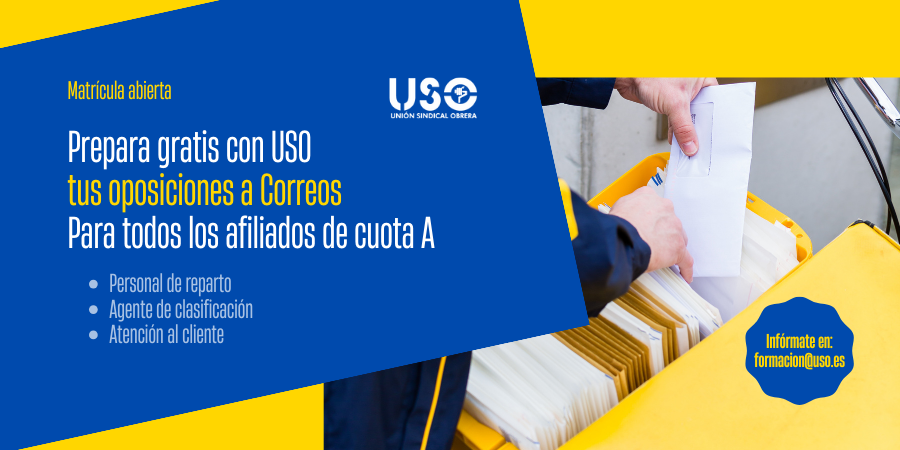 SindicatoUSO's tweet photo. 🔵🟡Prepara gratis, con #USO, las oposiciones a Correos. Curso completo para la afiliación a través de la plataforma de formación de USO.
📲 Inscríbete o consulta tus dudas en formacion@uso.es
https://t.co/0QPzK79k6W https://t.co/5lTy0C7NYd
