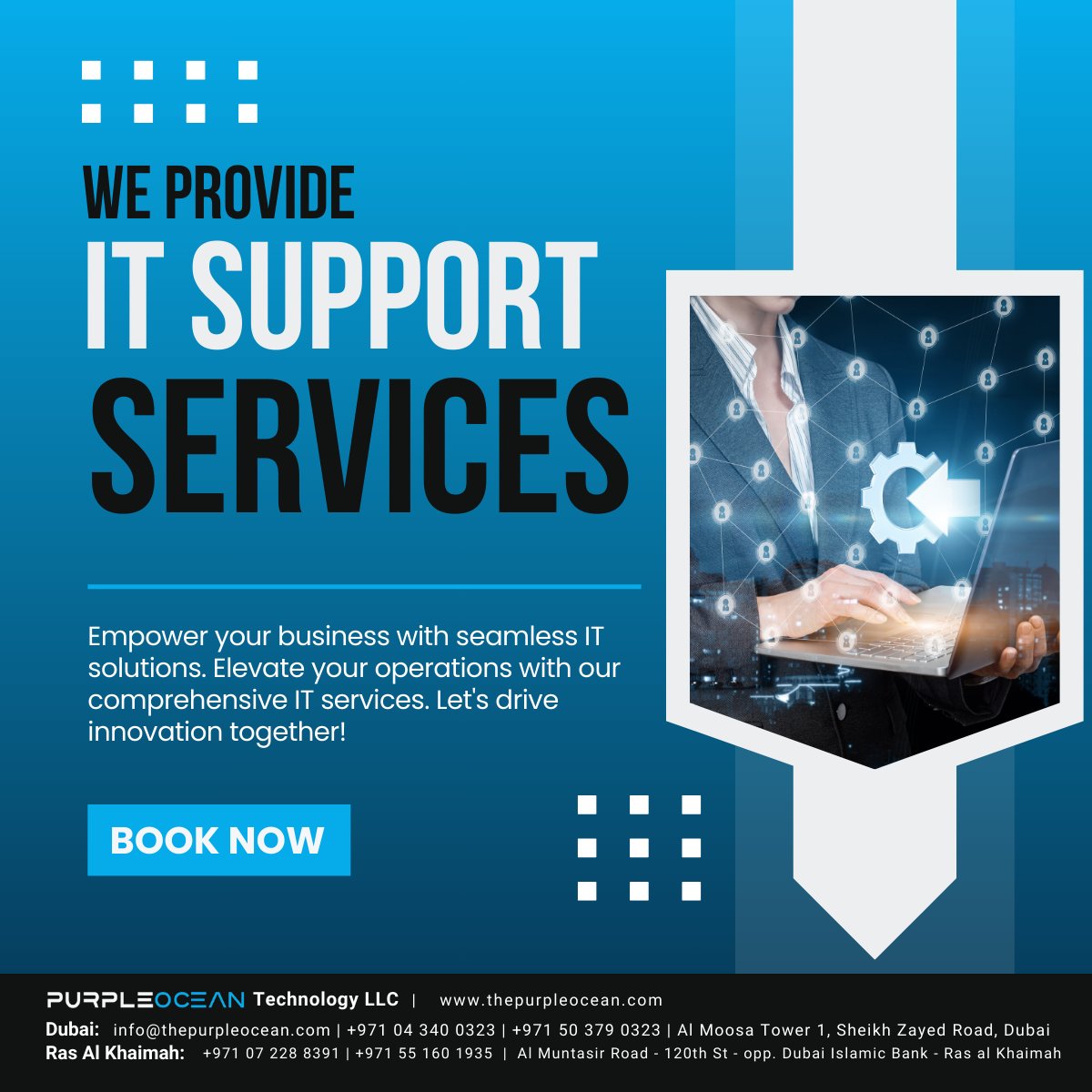 Empowering your #business with seamless #IT #solutions. 

#purpleoceantechnology #technology #itservicesprovider #itservices #itservicescompany #cloudsolutions #azuresupport #itsupport #AMC #annualmaintenance #serversupport #wirelesssolutions #AnnualMaintenanceContract #dubai