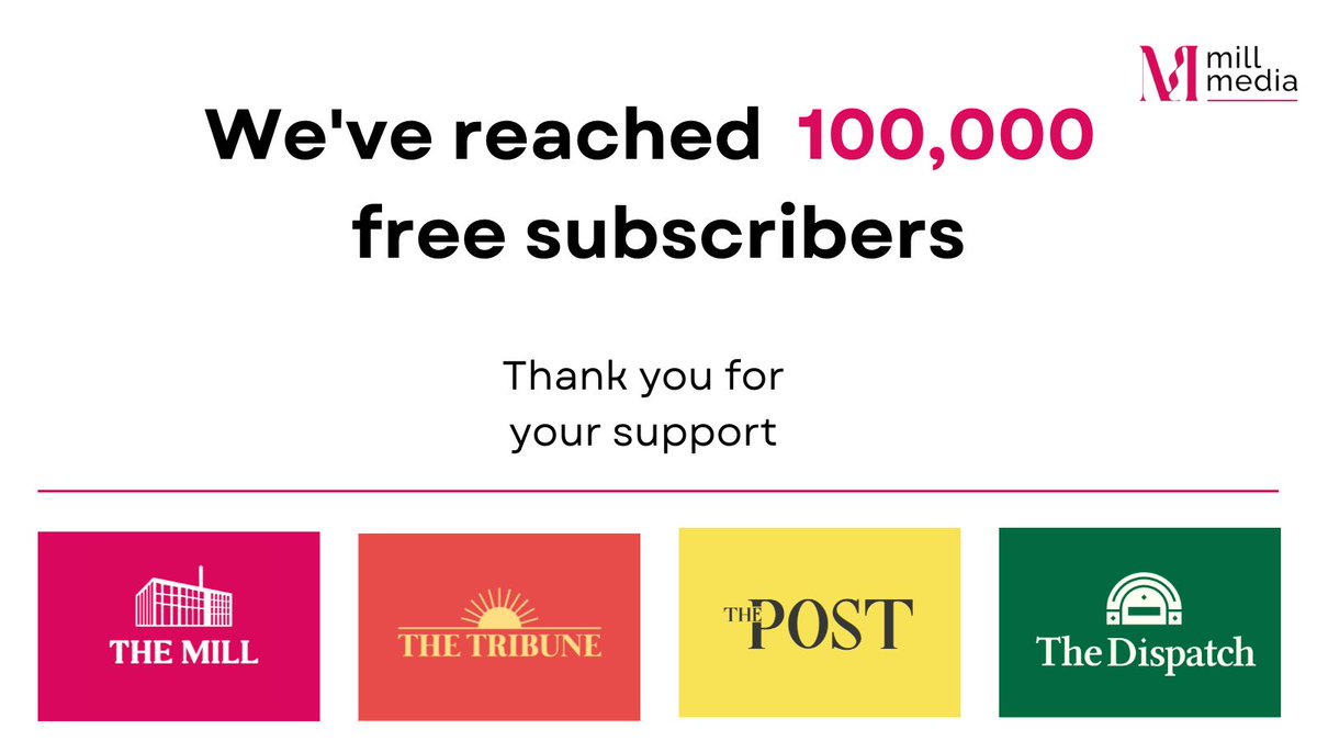 A very exciting day for the little company that @brumdispatch is a part of. Across our four titles we have 100,000 subscribers (free + paid)! Thanks to all our readers for helping us do local journalism a little differently ✨ @ManchesterMill @liverpoolpost @sheffieldtrib