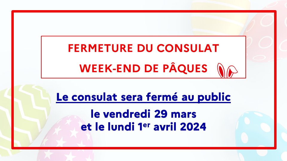 📣 Le consulat général de France à Edimbourg sera fermé le vendredi 29 mars et le lundi 1er avril à l’occasion du week-end de Pâques.