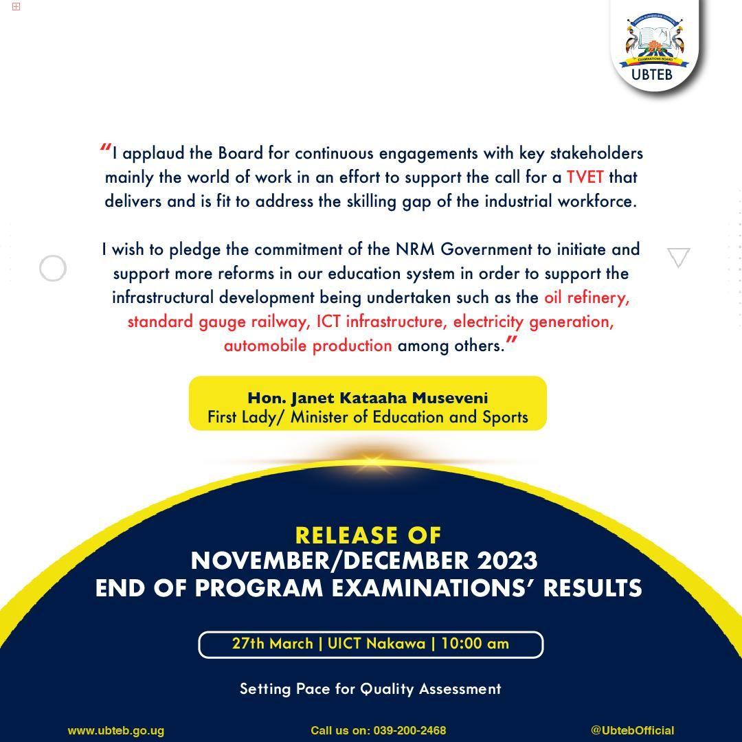 I applaud the Board for continuous engagements with key stakeholders mainly the world of work in an effort to support the call for a TVET that delivers and is fit to address the skilling gap of the industrial workforce. #ReleaseofNovDec2023ExaminationsResults @Educ_SportsUg