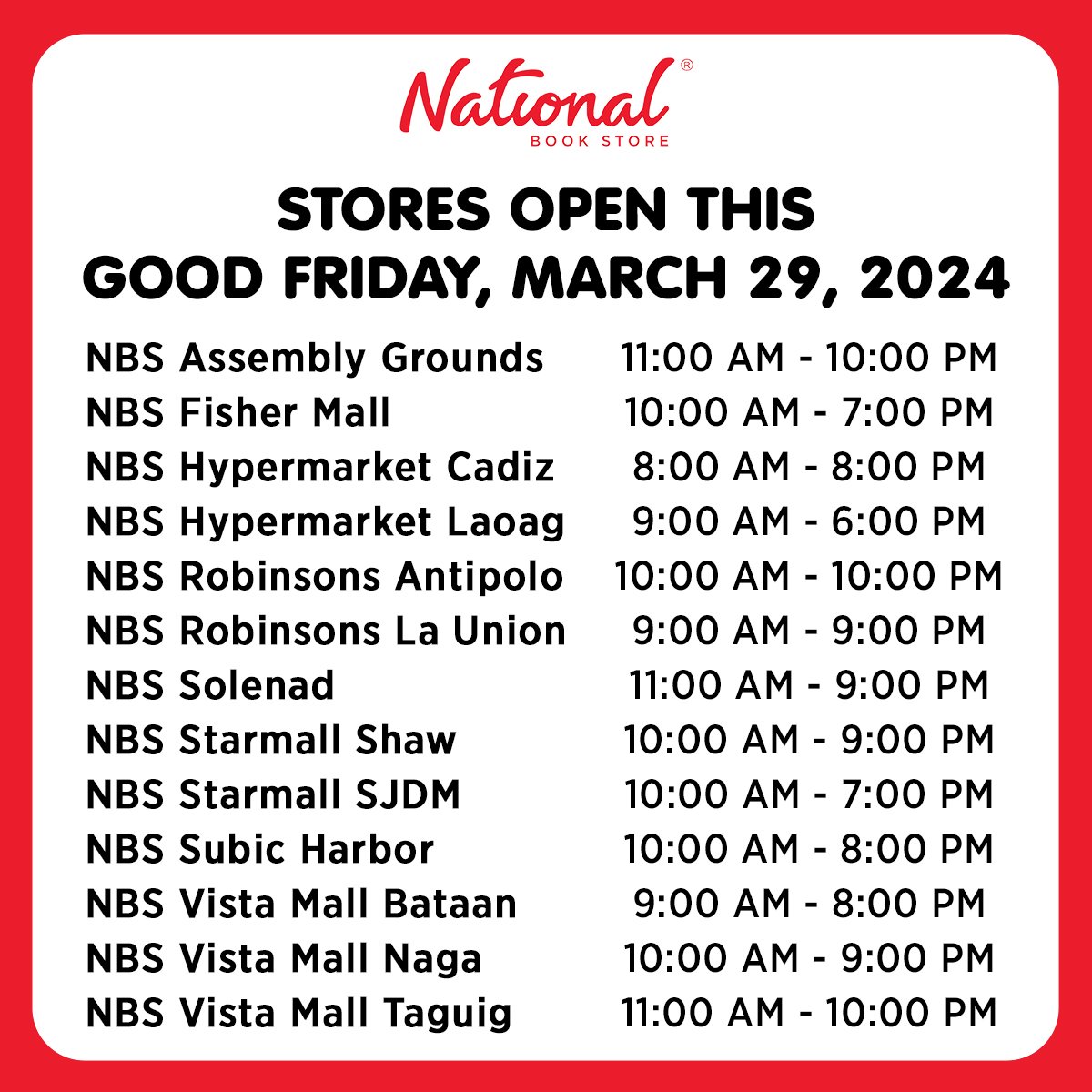 Select #NationalBookStore branches will be open to serve you on March 29-30, 2024 . Operating hours vary in each branch. Have a blessed Holy Week, Laking National shoppers ✝️ #HolyWeek #NBSnews