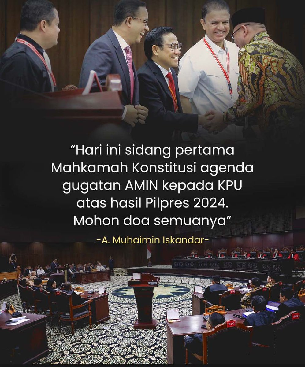 Hari ini (27/3) Mas Anies dan Gus Imin beserta TIM Hukum AMIN menghadiri sidang perdana perselisihan hasil Pemilu (PHPU) atau Pilpres 2024 di Gedung Mahkamah Konstitusi, Jakarta.