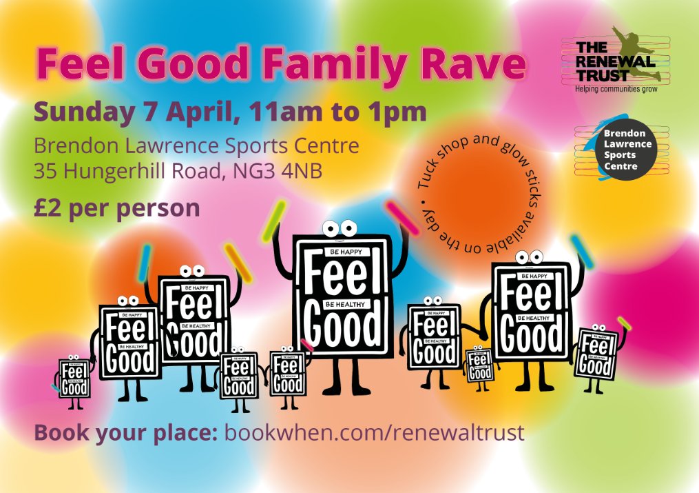 Join us for the Feel Good Family Rave - with the latest laser, multiple FX lighting, high powered strobes & smoke to create a mini rave vibe to all your favourite songs. Sun 7 April, 11am-1pm at the Brendon Lawrence Sports Centre. £2 per person. Book here: bit.ly/act29rt