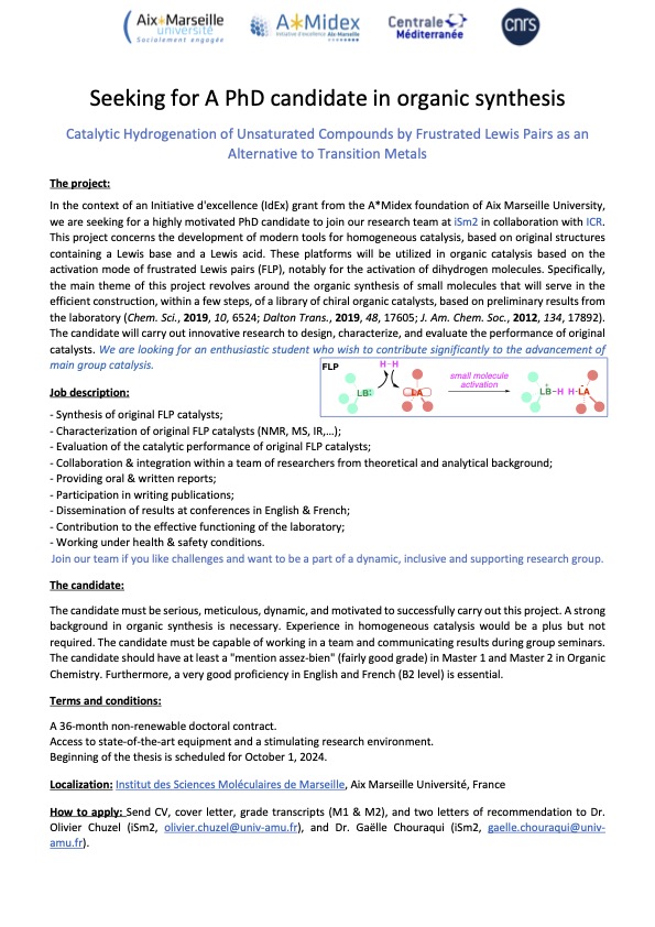 We are hiring ! #PhD position starting in Oct 2024 in Organic Chemistry. Offer below👇 Repost appreciated🙏! @CNRSchimie @DCO_SCF @univamu