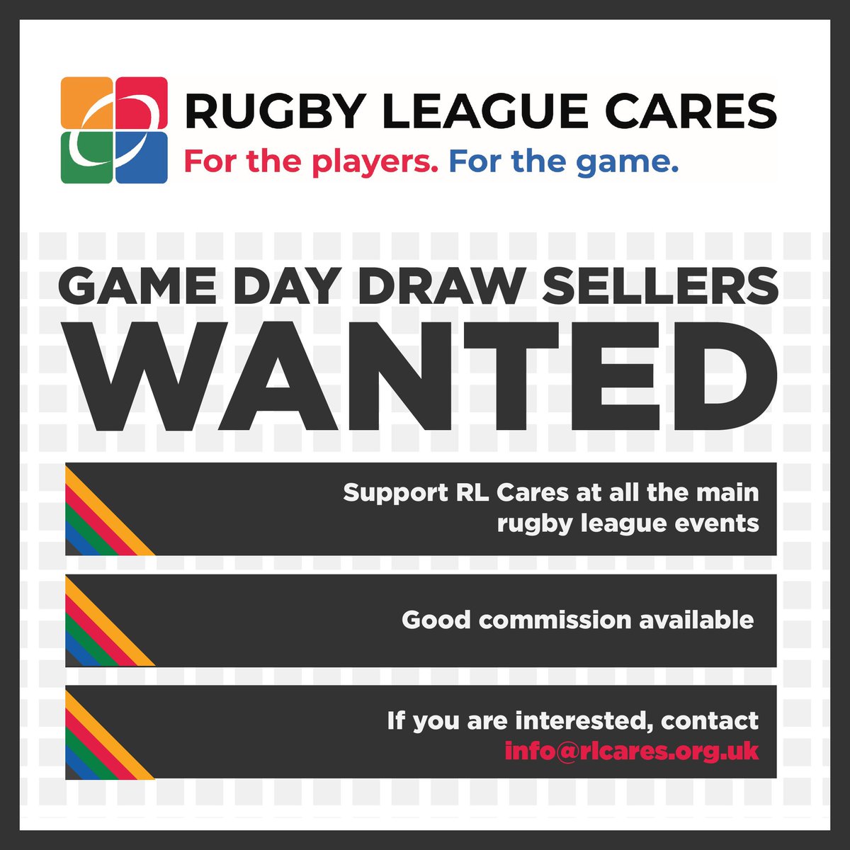 We're looking for people to help us raise the funds we need to do our amazing work across #rugbyleague communities - and offering the chance to earn some commission at the same time! If you think you can help, please get in touch - info@rlcares.org.uk