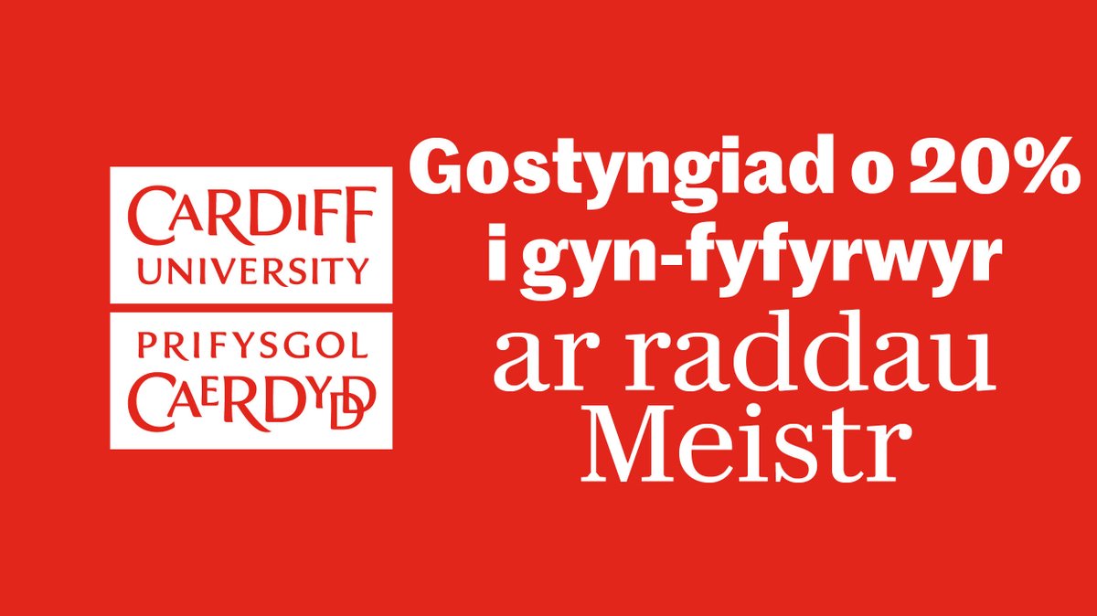 Gall graddedigion Prifysgol Caerdydd nawr gael gostyngiad o 20% mewn ffioedd dysgu ar raddau Meistr 👩‍🎓 Mae'r gostyngiad yn berthnasol i bob gradd Meistr amser llawn a rhan-amser sy’n cael eu haddysgu ar y campws! Dysgu mwy⬇️ cardiff.ac.uk/study/postgrad…