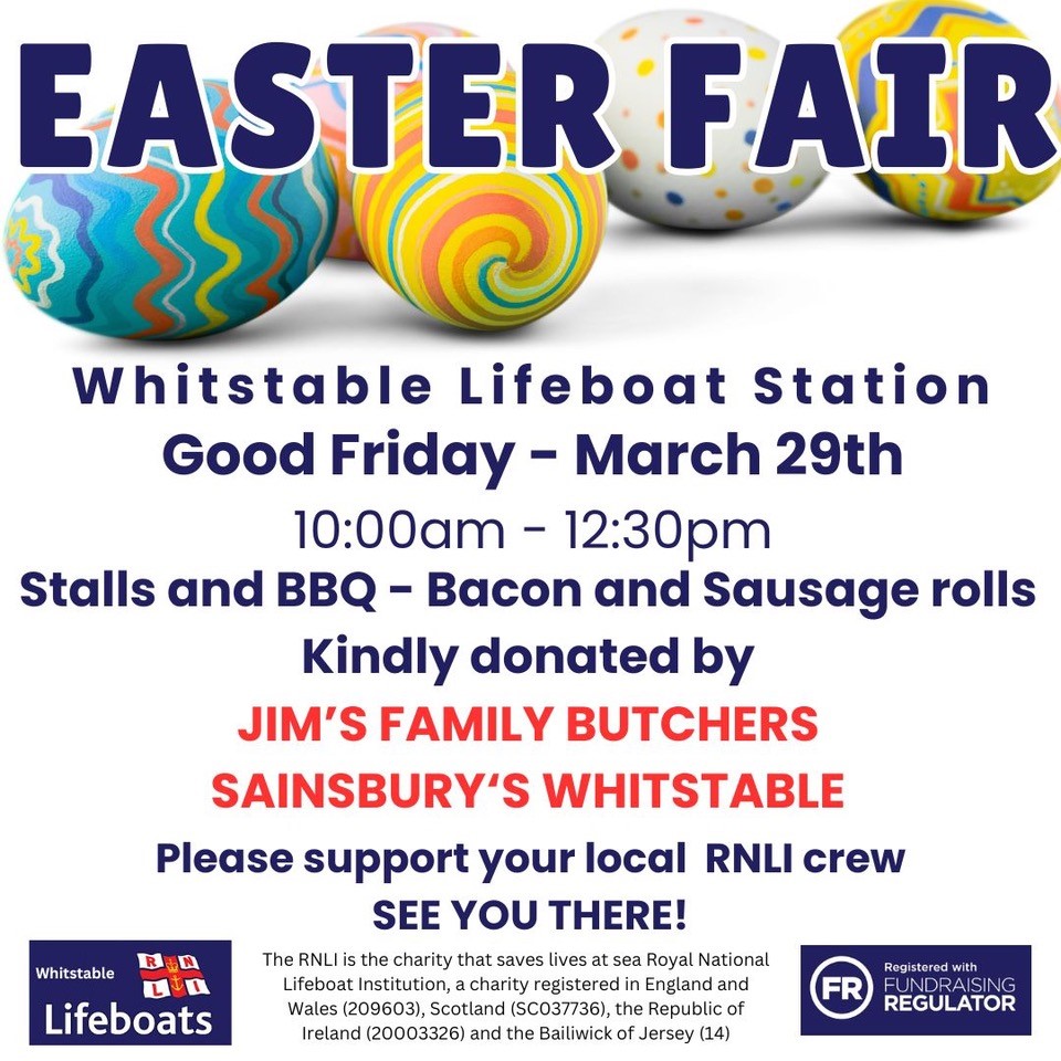 Whitstable RNLI Easter Fair is just two days away and we've added a breakfast BBQ to further tempt you to join us! Thanks to @jimsfamilybutchers and @Sainsbury's for their generous support. See you Friday between 10.00 and 12.30 #RNLI200 #SavingLivesAtSea #FloatToLive #whitstable