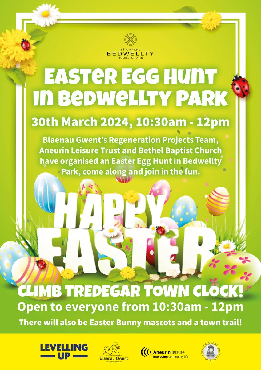 Hop into Easter fun at Bedwellty Park! Join us on the 30th March 2024 from 10:30am to 12pm for an egg-citing Easter event! #BGTownCentreteam #aneurinleisure #Tredegartowncouncil #EasterEvent #BedwelltyPark #FamilyFun