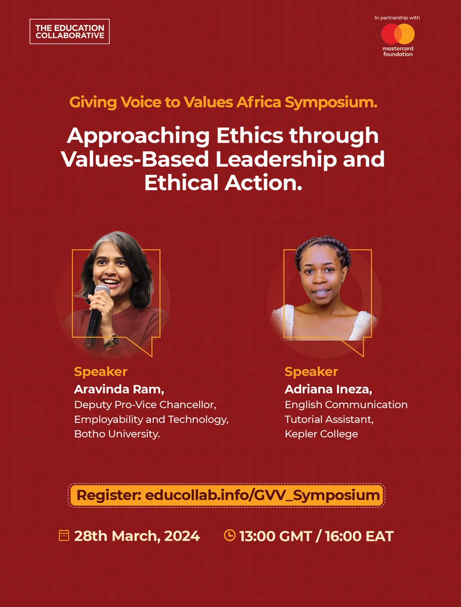 Join us tomorrow, Thursday, March 28, 2024, at 1 pm GMT for the first Giving Voice to Values (GVV) Africa Symposium, celebrating one year of inspiring ethical action across Africa. Learn more and register: educollab.info/GVV_Symposium