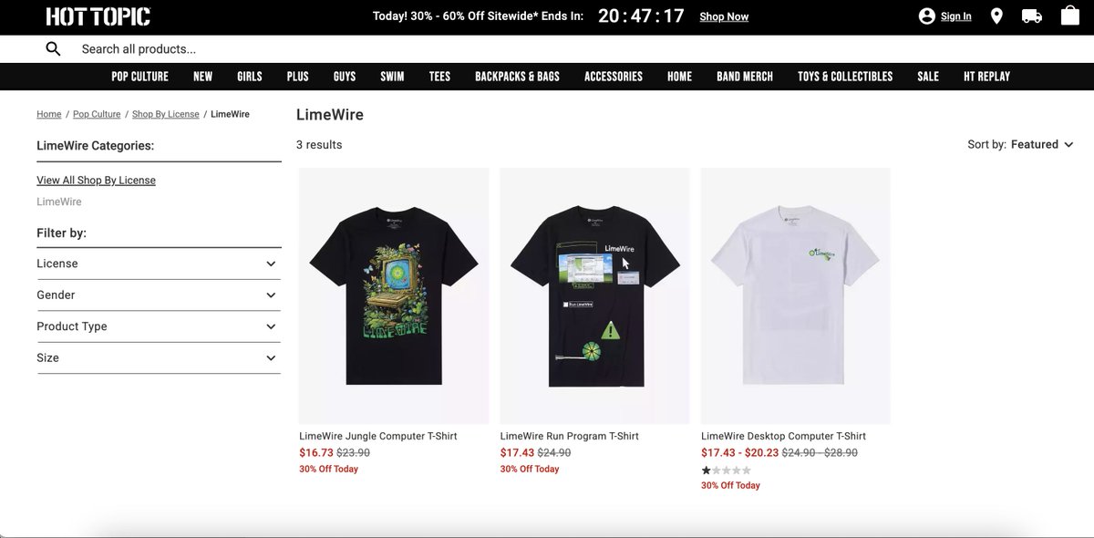 🍋👕 Happy to announce that @HotTopic now offers an exclusive selection of nostalgic, LimeWire-branded t-shirts on the Hot Topic website and in several physical Hot Topic stores throughout the US. Get them here: hottopic.com/pop-culture/sh…