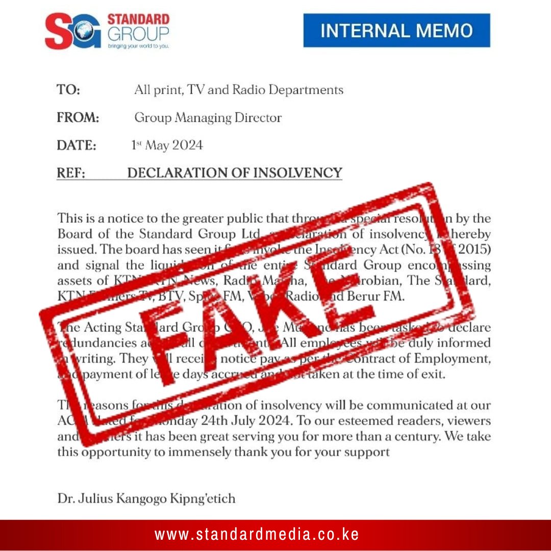 FAKE NEWS ALERT: This is NOT a genuine memo from The Standard Group PLC or any of the brands associated with it. It is a manipulated post. Be cautious NOT to fall for propaganda and deep fakes. @KTNNewsKE @ktnhome_ @radiomaisha @berurfmke @SpiceFMKE @VybezRadioKE