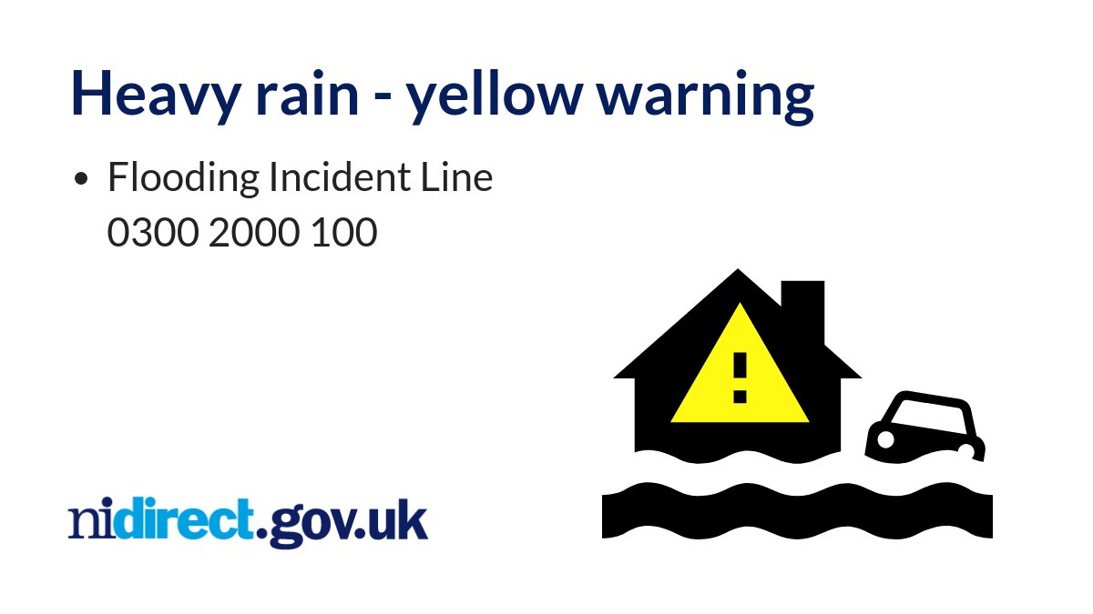 Weather warning for heavy rain in some areas still in place until 1pm today. Travel delays, difficult driving conditions, and flooding possible. Flooding Incident Line 0300 2000 100. nidirect.gov.uk/rain @deptinfra @belfastcc @CausewayCouncil @nmdcouncil @ANBorough