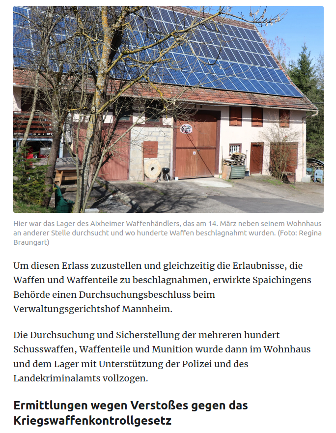 AfaNord's tweet photo. Nach #Razzia am 14.3. in #Aldingen wurden in Aixheim Dorf &amp; im Ortsteil Neuhaus bei einem mutmaßl. #Reichsbürger &amp; Waffenhändler (56) hunderte Schusswaffen, Waffenteile &amp; Munition sichergestellt. Der Verdächtige Frank P. soll im Schützenverein aktiv sein. 1/x

#NoNazis #NoAfD https://t.co/Z6zhs9Q6Yf